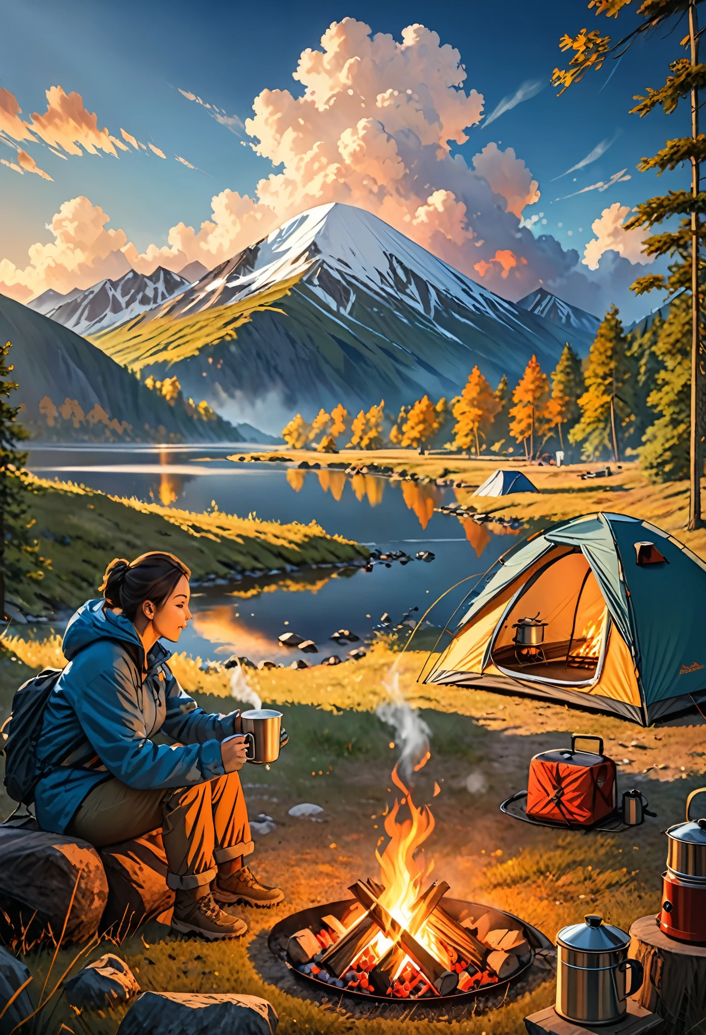 (best quality, masterpiece, highres:1.2), detailed, Outdoor Camping, holding cup, coffee steam, campfire, camping tent, outdoors, sky, cloud, fire, scenery, mountain,