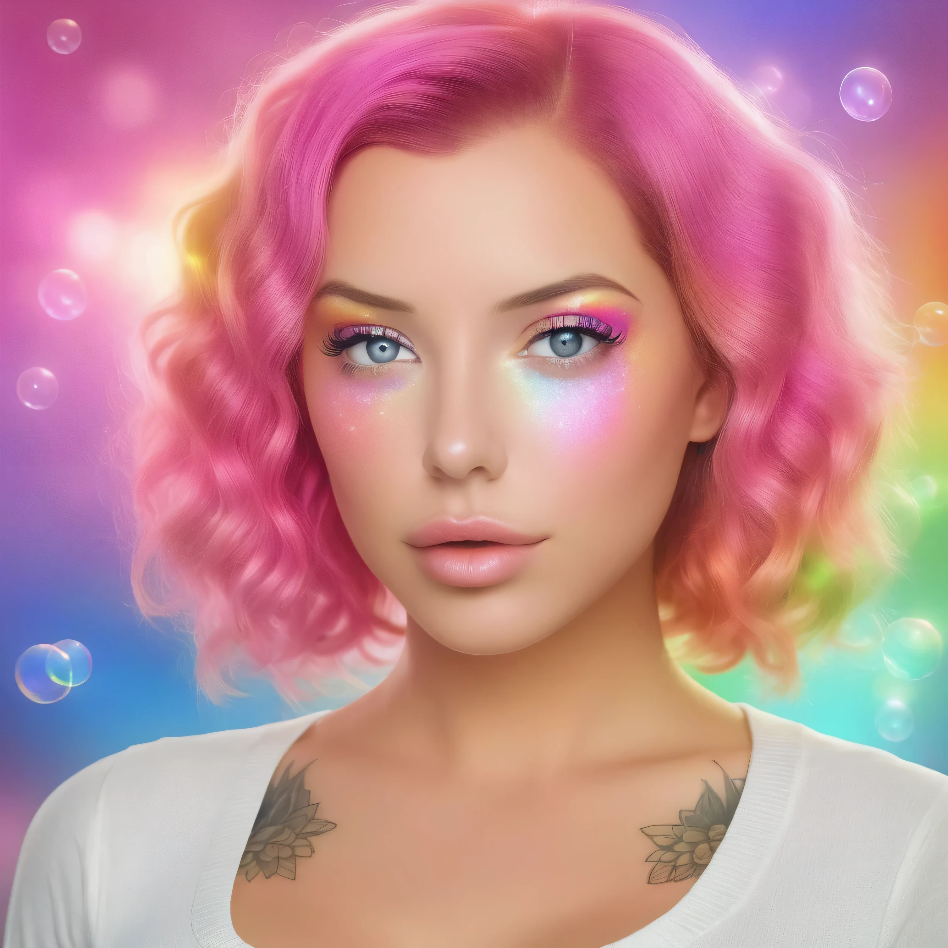 (This is a beautiful rainbow fantasy image that feels interesting and emphasizes glitter and iridescence.) Generate a ((blind)) curvy woman with colorful curly hair and milky white eyes. Her face is important and is perfectly formed with puffy lips and perfect features. (Her eyes are critically important and are (blank) and (solid white)). The image exudes ethereal beauty and soft fantasy. Include sweet and detailed birds and soft, luminous flowers in all the colors of the rainbow. The image's background is decorated in shades of pink, shimmer, glitter, and fantasy details like colored bubbles and cosmos. Utilize dynamic composition to create a compelling and action-packed image. Dramatic lighting and cinematic lighting enhance the woman's beauty and the soft colors in the artwork. (((((Perspective: head on.))))) Include fantasy, cute, colorful, colourful, interesting magic background, ((((blank eyes)))), ((((empty white eyes)))), (shirome eyes:1.3), (smirking), (perfectly rendered solid whiteeyes), ((birthmark on lip)), ((pretty lips)), beautiful background, complex background, sweet background, (((rainbow)))