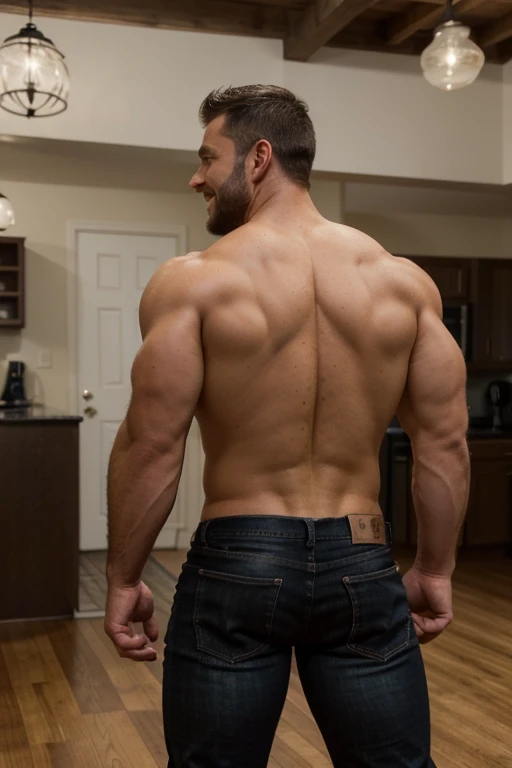 Award-winning original photoen, 30 years old man and wild muscular man, 40 years old, short beards, burly, hunk, wearing shirts, smilling happil, detailed, lovely, (((full body))), black jeans (((backside))) 