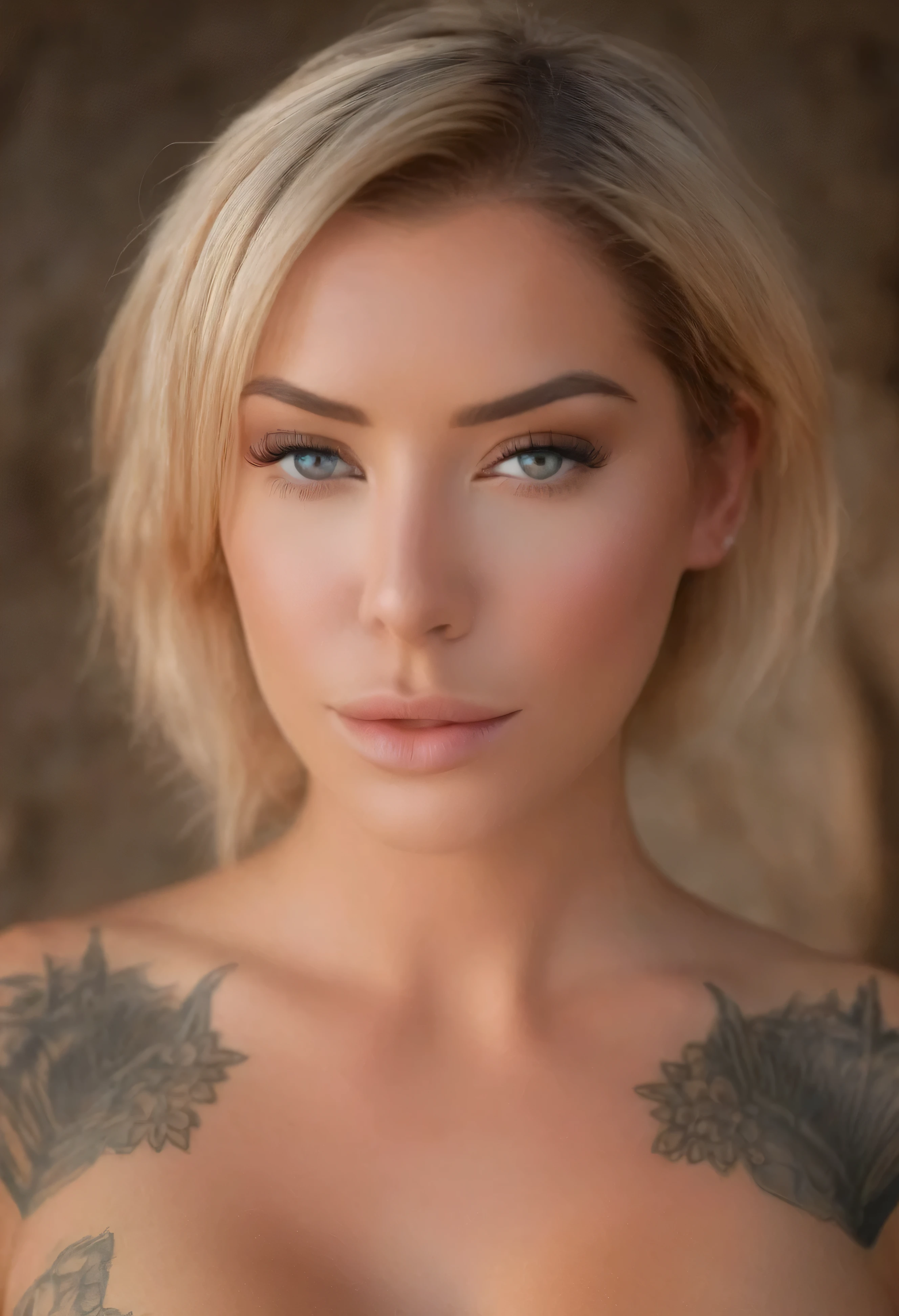 Masterpiece, Transitioning to a desert landscape at sunset, she is laying on the sad dune both arns behind her head, a lone figure laurence bedard a beautiful 20 years old naked American girl emerges a beautiful nomadic dirty whore, white skin, blonde hair, blue-grey eyes, freckles on face, slim running body, medium perfect breasts, very detailed face, a ultra realistic face, very beautiful face, post-apocalyptic, unconventional accessories, and a well groomed virgina creates an aura of survival and resilience, 16K, ultra high resolution, photorealistic, UHD, RAW, DSLR