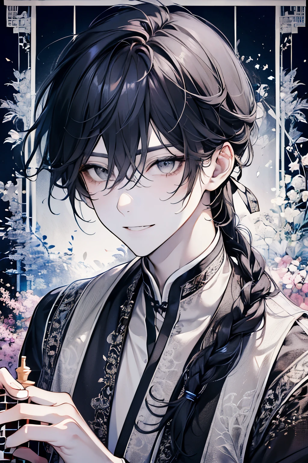 ((Adult male around 20 years old:1.2)),tazune rirei, masterpiece, best quality, braid hair, black hair, (portrait), shiny ivory eyes, white hanfu dress,(gray color world:1.3),bokeh,((playing chess game)), embarrassed, perfect hands,smile,