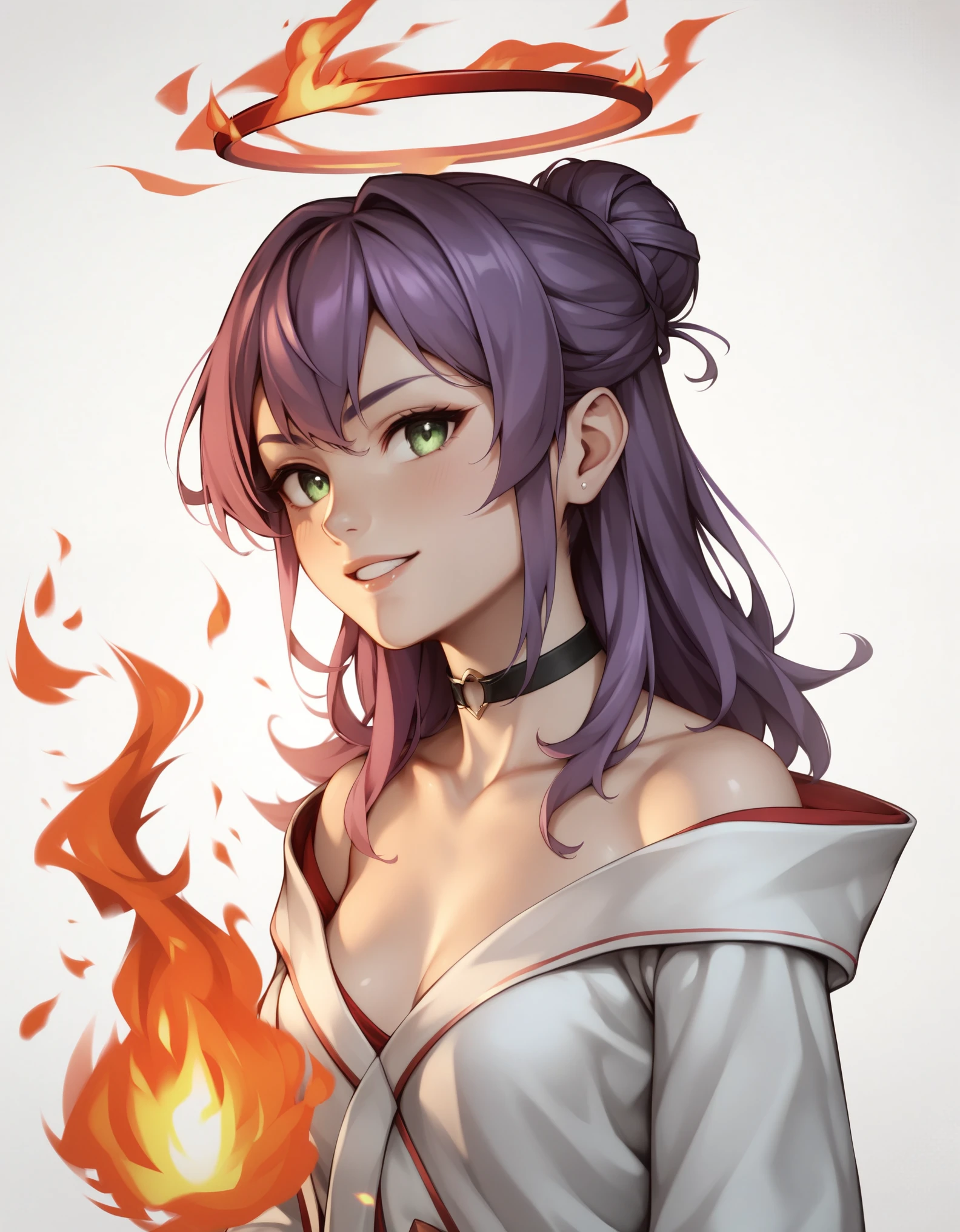 score_9, score_8_up, score_7_up, score_6_up BREAK 1girl, csmrz, small breasts, medium hair, purple hair, green eyes, hair bun, black choker, white robe, burning, r3d1nk, white background, monochrome, red fire, red halo rings