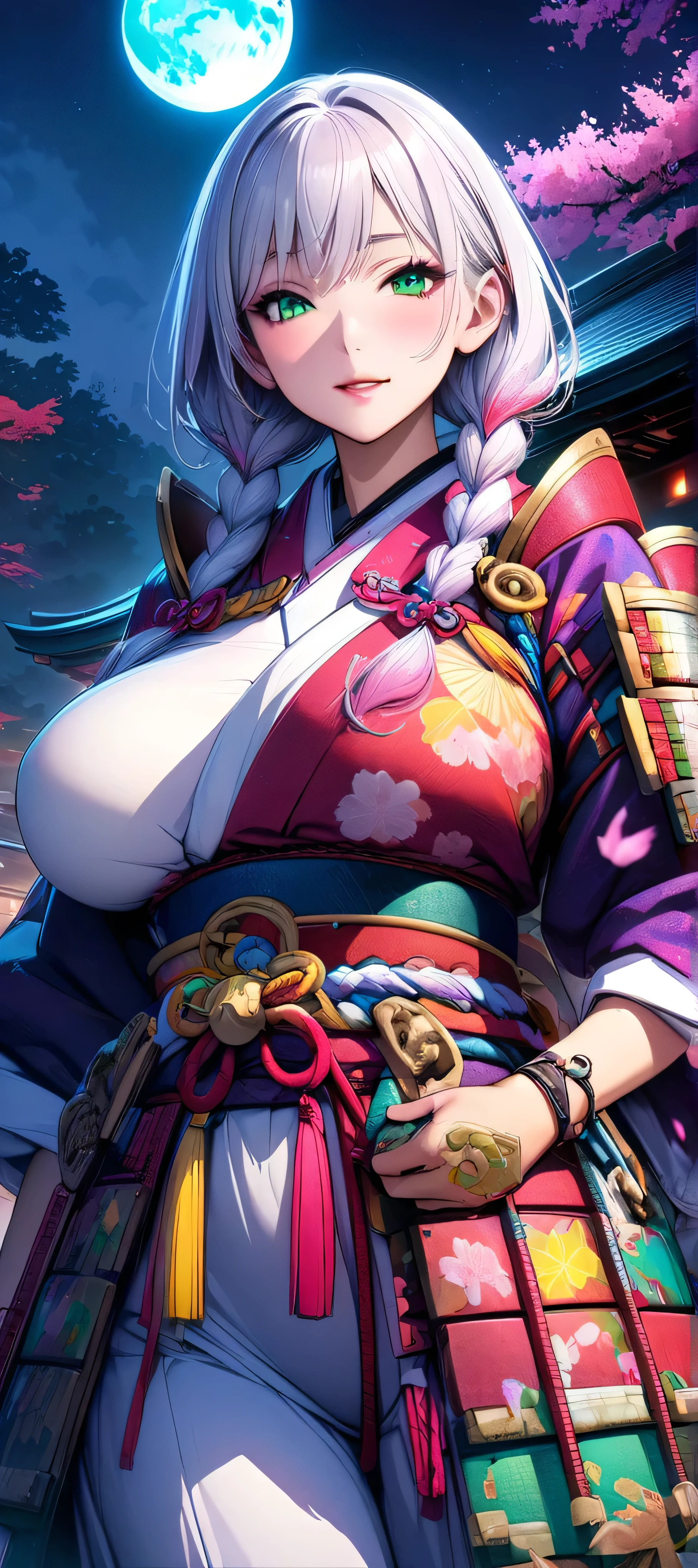 (masutepiece, of the highest quality, Best Quality, Official art, Beautiful and aesthetic:1.2), Extremely detailed,(Colorful:1.1),highest details, one arafed woman with braids white hair and pink tips and green eyes, big breast, sfw, japanese armor, night, big blue moon, japanese temple