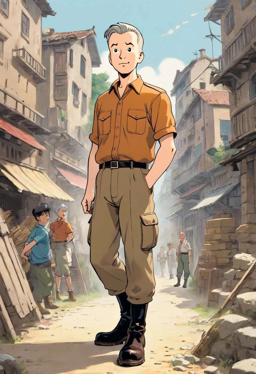 Tintin, 50 years old male wearing light brown shirt, brown cargo pants, black boots, slick and neat short gray hair, hand on hips pose, in a world war 2 battle , european comics