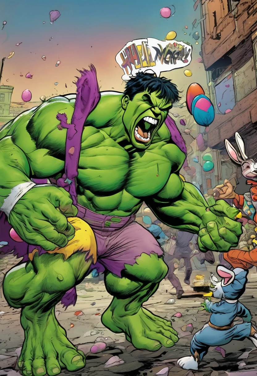 The Incredible Hulk Laughing hard, he is in a fight with an Easter Bunny themed villainess that just put rabbit ears on the Hulk
