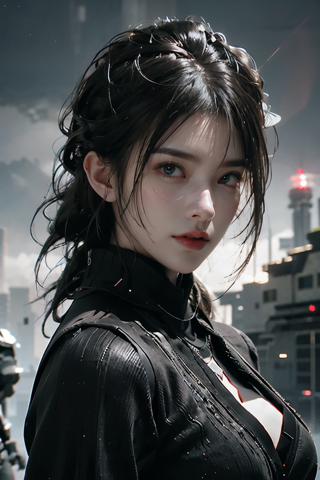 Game art,The best picture quality,Highest resolution,8K,((A bust photograph)),((Portrait)),(Rule of thirds),Unreal Engine 5 rendering works, (The Girl of the Future),(Female Warrior),22-year-old girl,(Long hair casual),(Future-style military wear,A beautiful eye full of detail),(Big breasts),(Eye shadow),Elegant and charming,Smile,(frown),(Clothes full of futuristic sci-fi style,Sweater,A delicate pattern,Glittering jewels,Armor,White and red),Cyberpunk Characters,Future Style, Photo poses,Street background,Movie lights,Ray tracing,Game CG,((3D Unreal Engine)),oc rendering reflection pattern