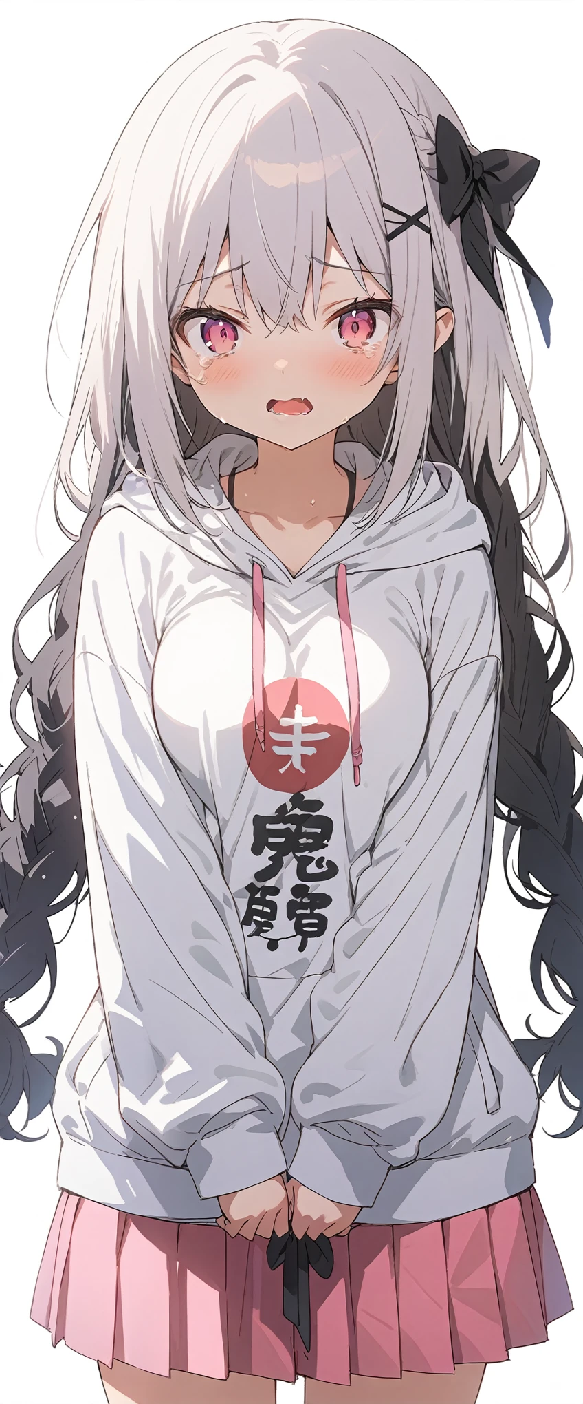 White background、white background、Blank background、Ultra-high resolution, highest quality,Solo,just standing girl, One Girl、Full body view from the front、fish-bone braid hair、Fishbone Hair、grayish white hair、beautiful detailed eyes、Grey hair x pink eyes、pink eyes、shedding large tears、Troubled expression、Open your mouth wide、Ample breasts、Plain white hoodie、Pink pleated skirt、barefoot