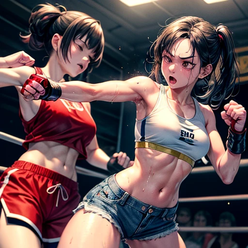 She pokes her opponent in the stomach with her fist. battle royale by kick boxing, savival, bloody Two Japanese female fighters with black hair and shorts cut fighting in a back alley, drenched in sweat. One eye closed, out of breath. Tank tops. Denim shorts. Open finger gloves.