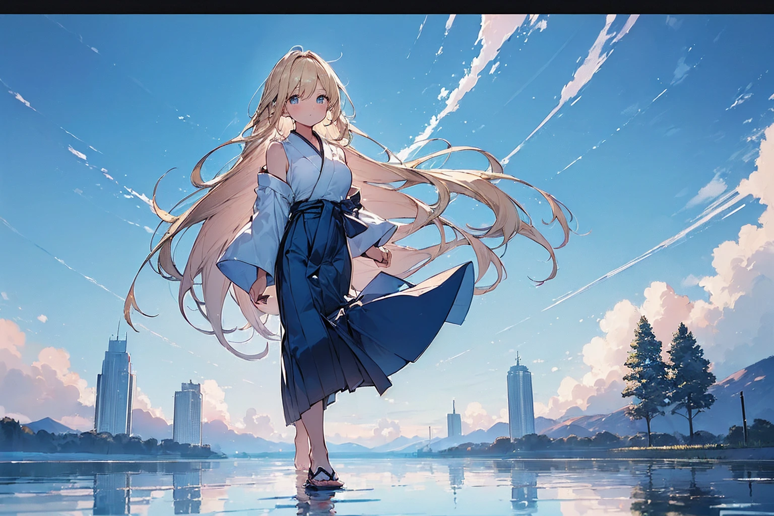 (Masterpiece, Top quality: 1.5) ,(walking on water:1.3), from behind, 1 beautiful girl, solo, blond hair, (blue hakama :1.3), off shoulder, long hair, wave hair, (junior high school student:1.2), medium breasts, standard weight, blush:1.2, beautiful scene of big lake, big lake all around, magnificent panorama view, Silent lake surface
