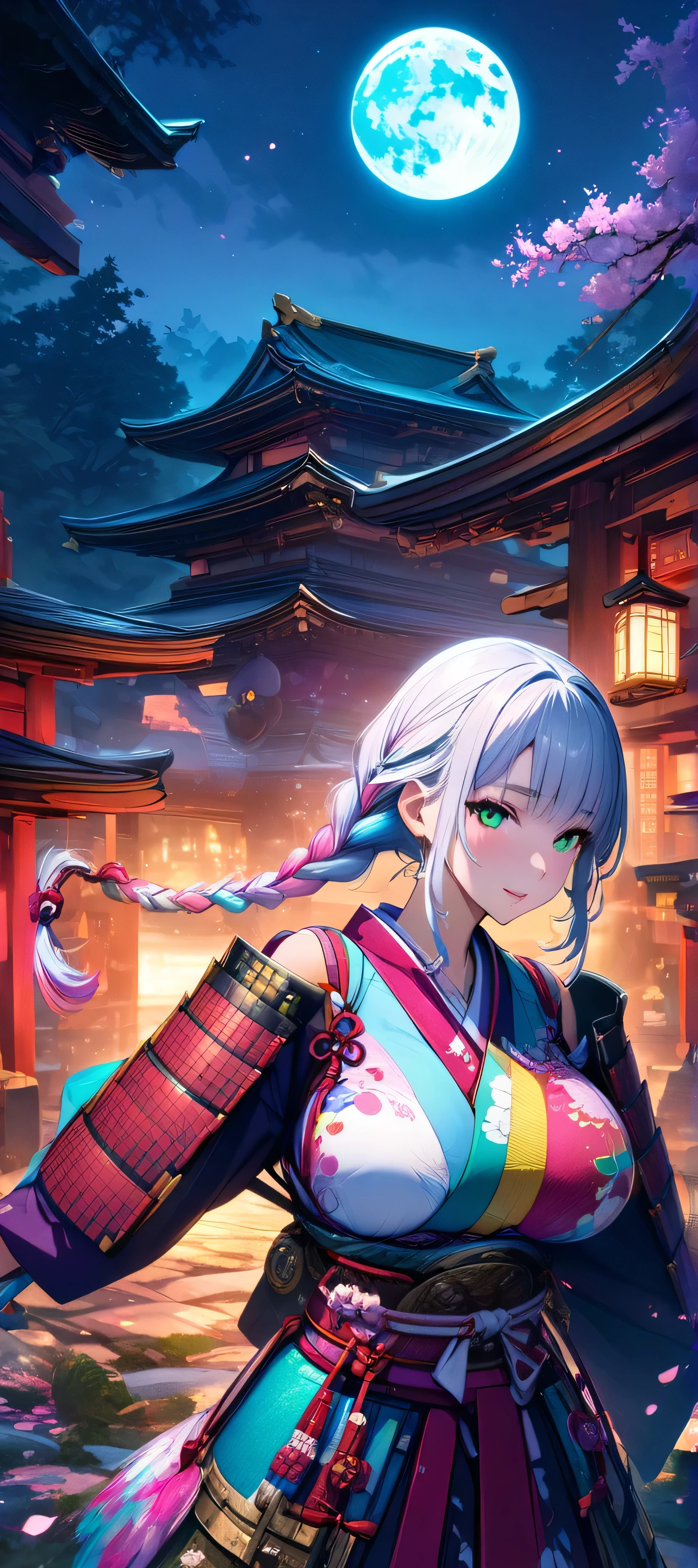 (masutepiece, of the highest quality, Best Quality, Official art, Beautiful and aesthetic:1.2), Extremely detailed,(Colorful:1.1),highest details, one arafed woman with braids white hair and pink tips and green eyes, big breast, sfw, japanese armor, night, big blue moon, japanese temple