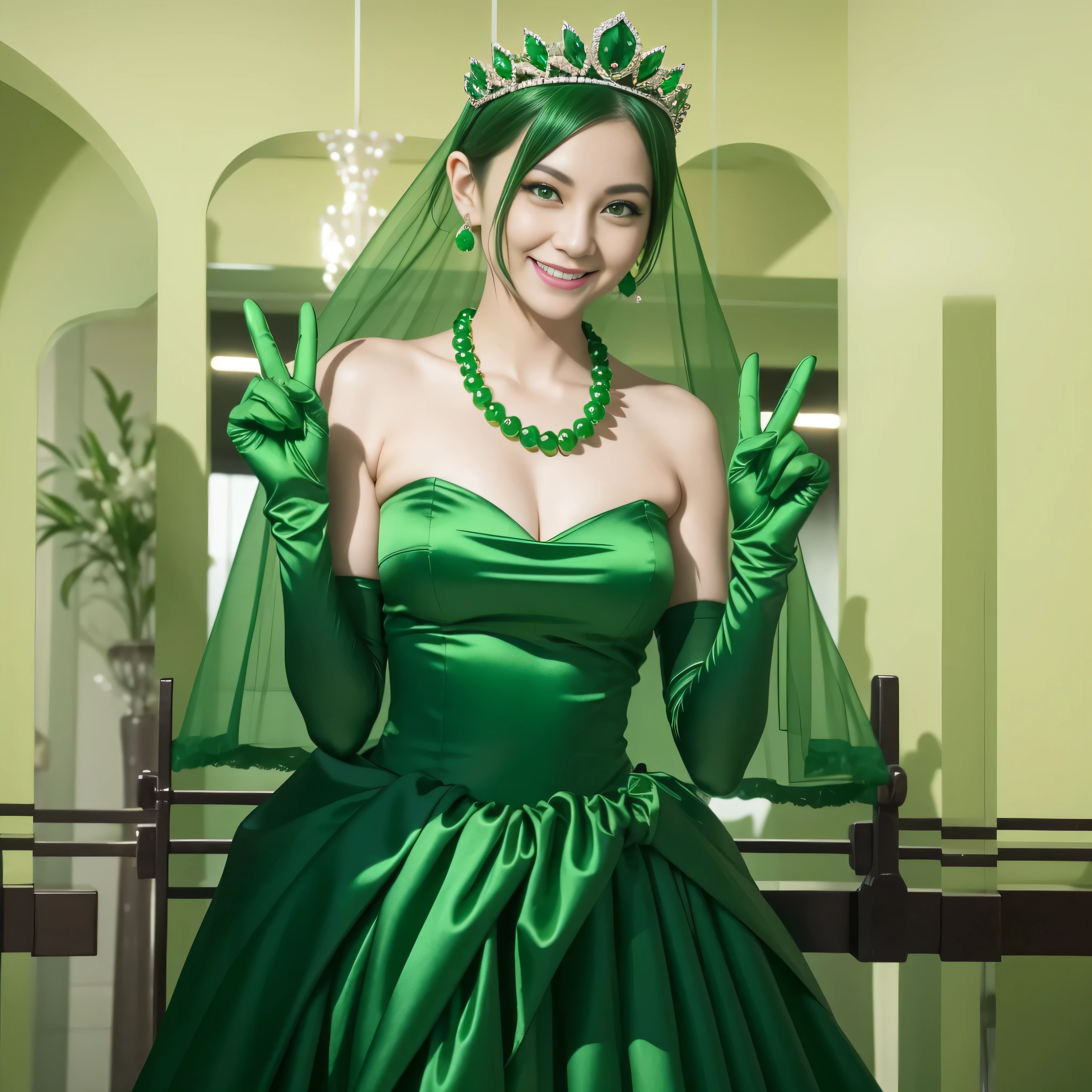 Emerald tiara, Green Pearl Necklace, Boyish very short green hair, lipstick, Smiling Japanese woman, Very short hair, Big and beautiful, Green Eyes, Long green satin gloves, Green Eyes, V sign, Emerald Earrings, Green veil, peace sign