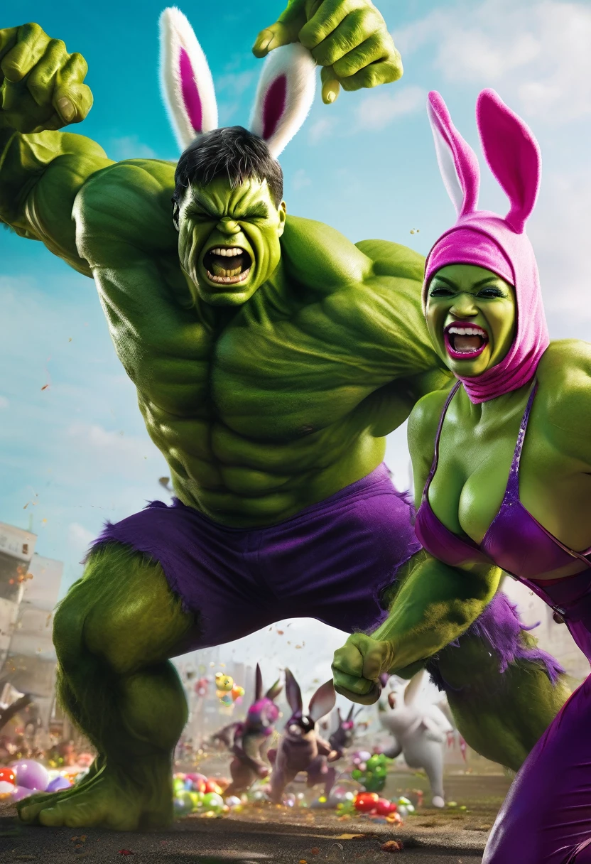 a muscular green humanoid, the incredible hulk, laughing maniacally, intense facial expression, engaged in a fierce battle with a female villain wearing an easter bunny costume, the villain has put bunny ears on the hulk's head, dramatic action scene, highly detailed, cinematic lighting, vivid colors, dynamic composition, photorealistic, 8k, best quality, masterpiece