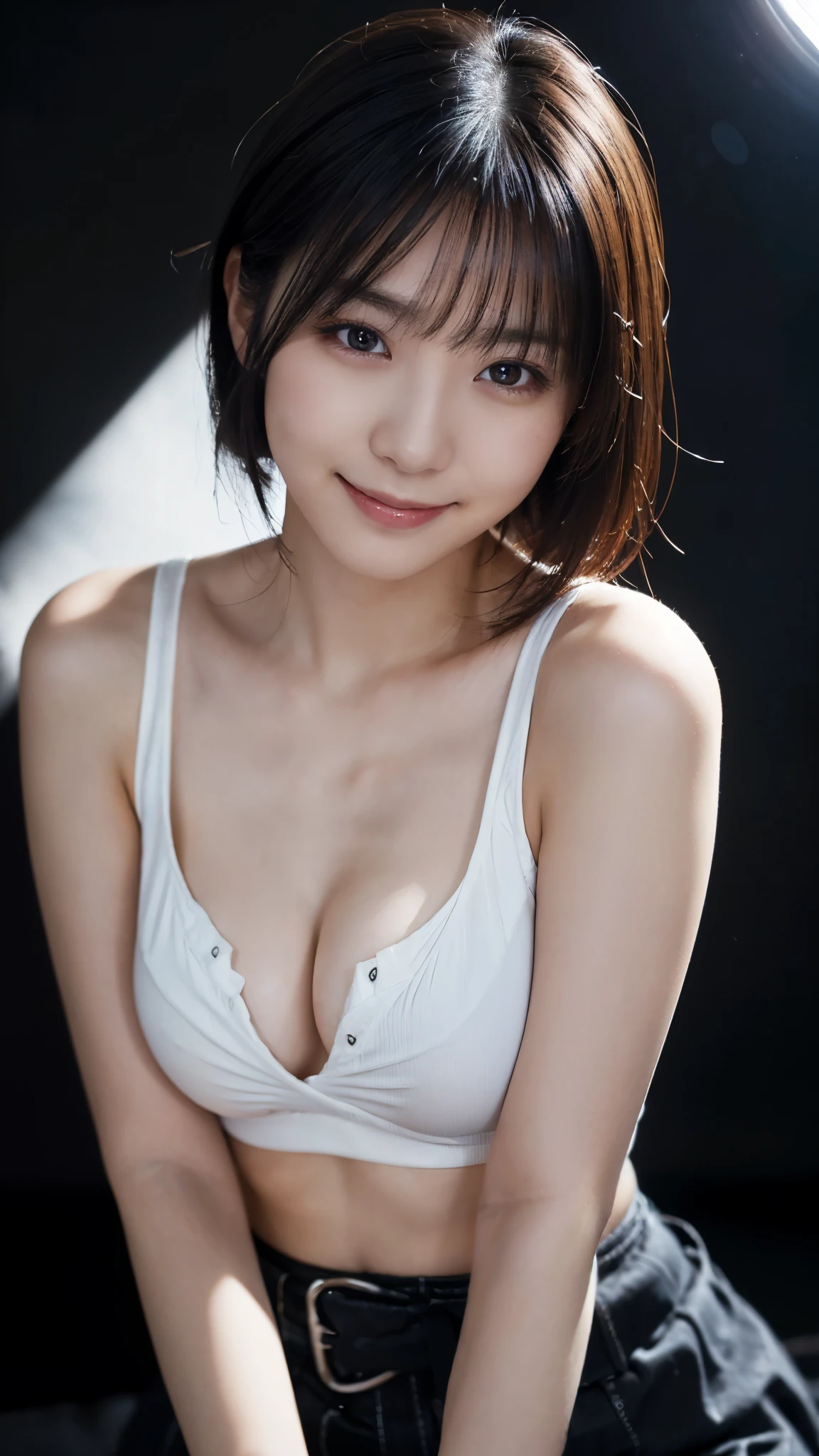 (highest quality,masterpiece:1.3,Ultra-high resolution),(Super detailed,Caustics,8k), (Photorealistic:1.4, RAW shooting),darkness,Dark studio,Japanese,20-year-old,smile,Natural Makeup,Black Hair Middle Hair,White Shirt,Big Breasts,Spotlight,Waist up shot