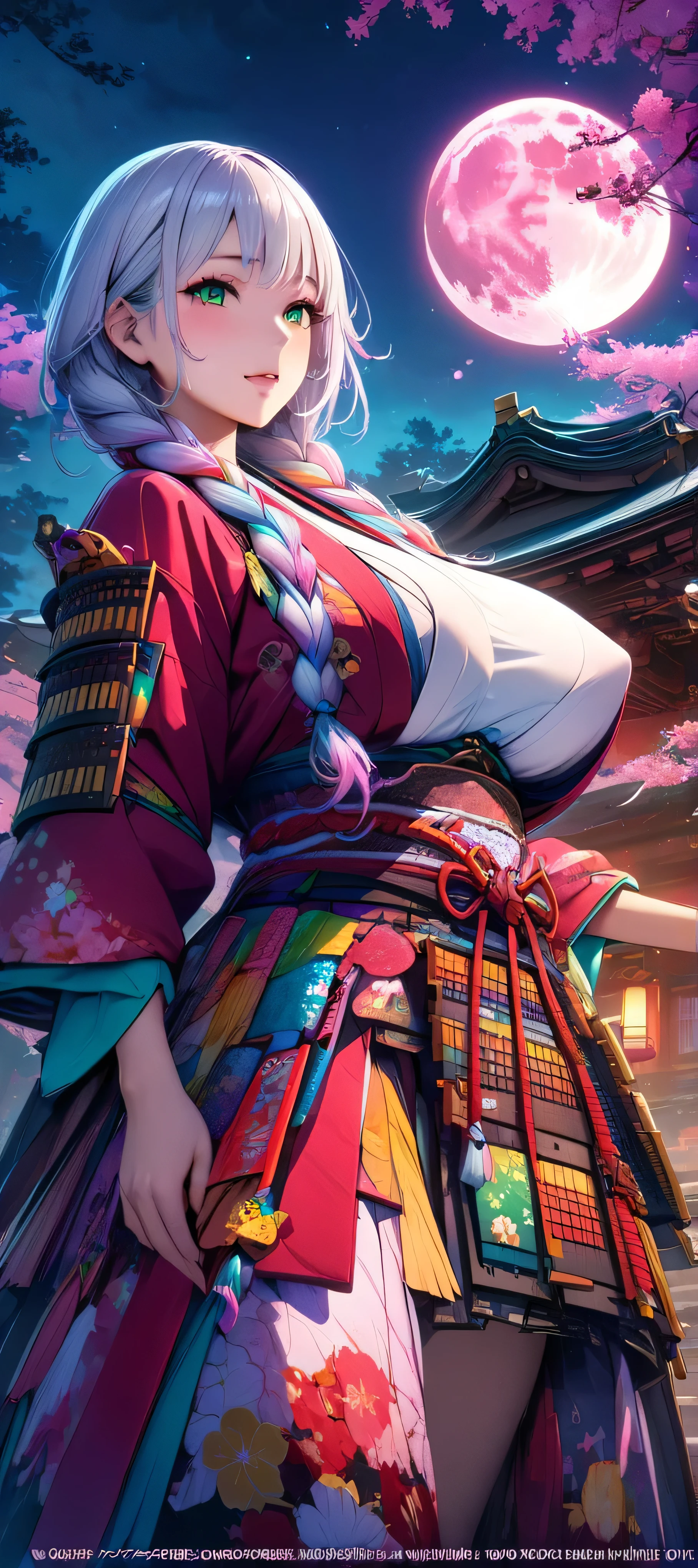 (masutepiece, of the highest quality, Best Quality, Official art, Beautiful and aesthetic:1.2), Extremely detailed,(Colorful:1.1),highest details, one arafed woman with braids white hair and pink tips and green eyes, big breast, sfw, japanese armor, night, big blue moon, japanese temple