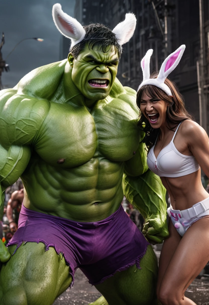 a giant green muscular man,the Incredible Hulk,laughing heartily,in a fierce battle with a female villain wearing an Easter Bunny costume,Hulk wearing rabbit ears,dramatic action scene,cinematic lighting,epic scale,vivid colors,hyper detailed,photorealistic,8k,3D rendering,concept art style