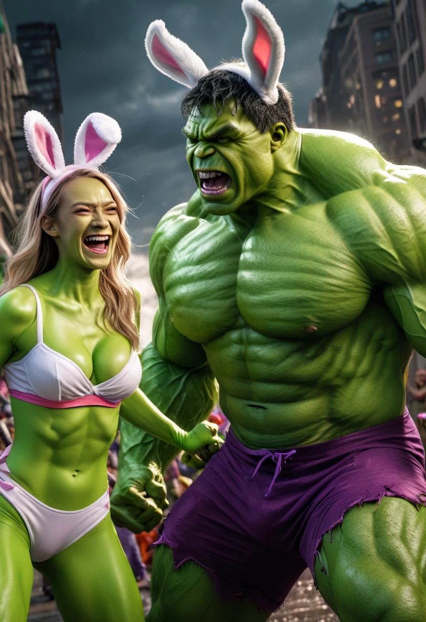 a giant green muscular man,the Incredible Hulk,laughing heartily,in a fierce battle with a female villain wearing an Easter Bunny costume,Hulk wearing rabbit ears,dramatic action scene,cinematic lighting,epic scale,vivid colors,hyper detailed,photorealistic,8k,3D rendering,concept art style