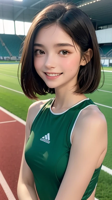 one girl, (a beauty girl, delicate girl:1.3), (16 years old, Gal:1.3), (Green sportswear:1.2), Very fine grain definition, (Symmetrical black eyes:1.3), Looking into the camera, Big smile, Showing teeth, (Track Field View:1.2), Small breasts, Brown short hair, girl, (Eyes and facial details:1.5), (masterpiece, highest quality, Super detailed, Detailed face, 8k), Hunchback posture