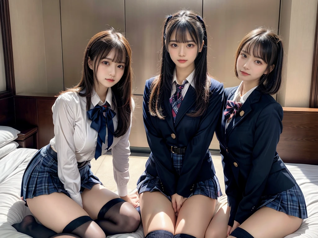 muster piece, best quality, illustration, Super detailed, fine details, High resolution, 8K,wall paper, perfect dynamic composition,(Details High quality, realistic depiction of eyes:1.3), ((2 girls, 2 schoolgirls)), The background is a luxury hotel room、High school girl uniform、blazer 、Super Short Check Uniform Skirt、Navy blue high socks、garterbelts、Colossal tits、Disturbed uniform, Play with each other,Touching each other's bodies,Touching the body of the girl next door, short bob hair, black hair color, huge breasts, Big Natural Color Lip, bold sexy pose, (perfect body shape), crying a little、cold gaze, Harajuku style、Beautiful makeup,glitter makeup,Cutest 18 years old, beautiful legs, hposing Gravure Idol, Voluptuous thighs