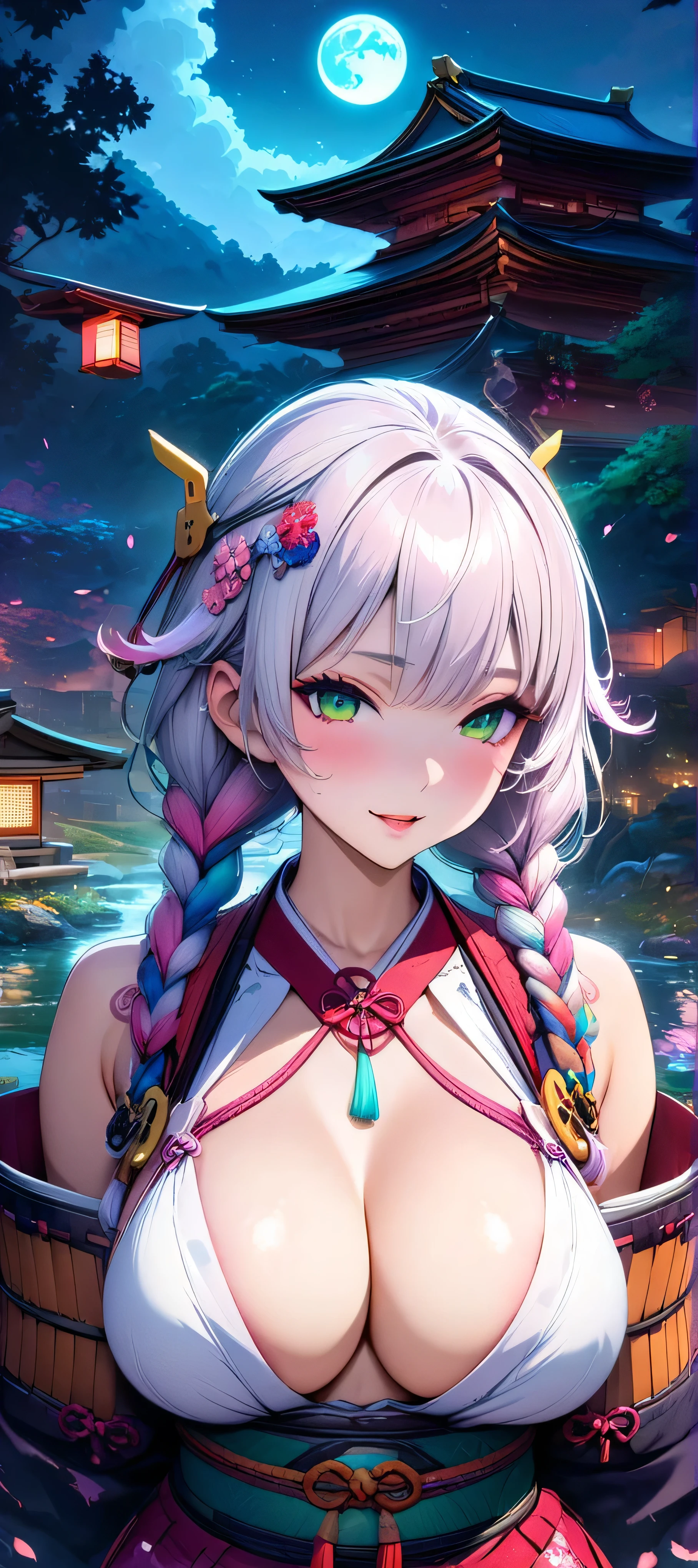 (masutepiece, of the highest quality, Best Quality, Official art, Beautiful and aesthetic:1.2), Extremely detailed,(Colorful:1.1),highest details, one arafed woman with braids white hair and pink tips and green eyes, big breast, sfw, japanese armor, night, big blue moon, japanese temple