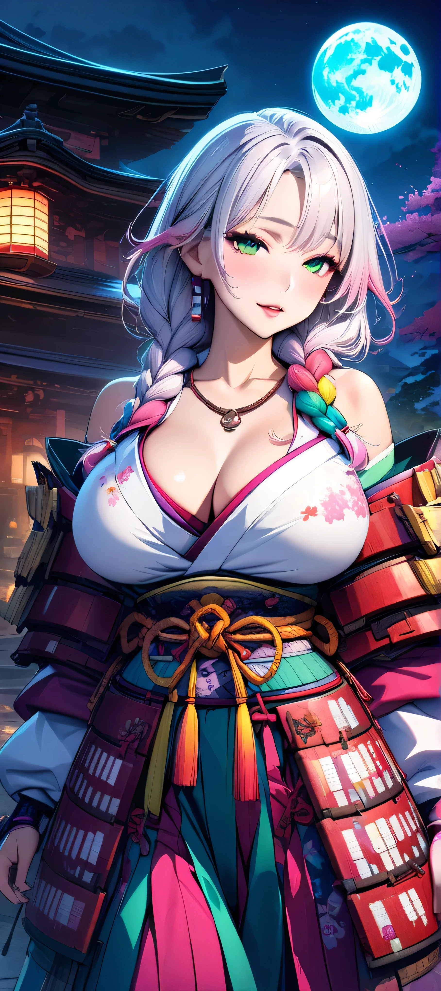 (masutepiece, of the highest quality, Best Quality, Official art, Beautiful and aesthetic:1.2), Extremely detailed,(Colorful:1.1),highest details, one arafed woman with braids white hair and pink tips and green eyes, big breast, sfw, japanese armor, night, big blue moon, japanese temple
