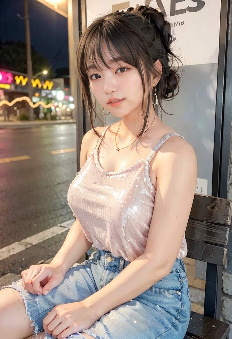(highest quality,masterpiece:1.3,Ultra-high resolution),(Very detailed、Caustics) (Photorealistic:1.4, RAW shooting、)Ultra-Realistic Capture、Very detailed、Natural skin texture、masterpiece、(Sequin tank top and short denim pants:1.3)、1 Japanese girl、Adorable expression、Expressions of Happiness、、Young Face、Surprisingly cute、Twin tails、Curly Hair、Black Hair、Scrunchie、Earrings、necklace、light makeup、A big bust that seems to burst、This photo was taken on a busy street at night..、Shining thighs、Sit on a bench on the sidewalk、Shooting from the side、smile、An inviting gaze、