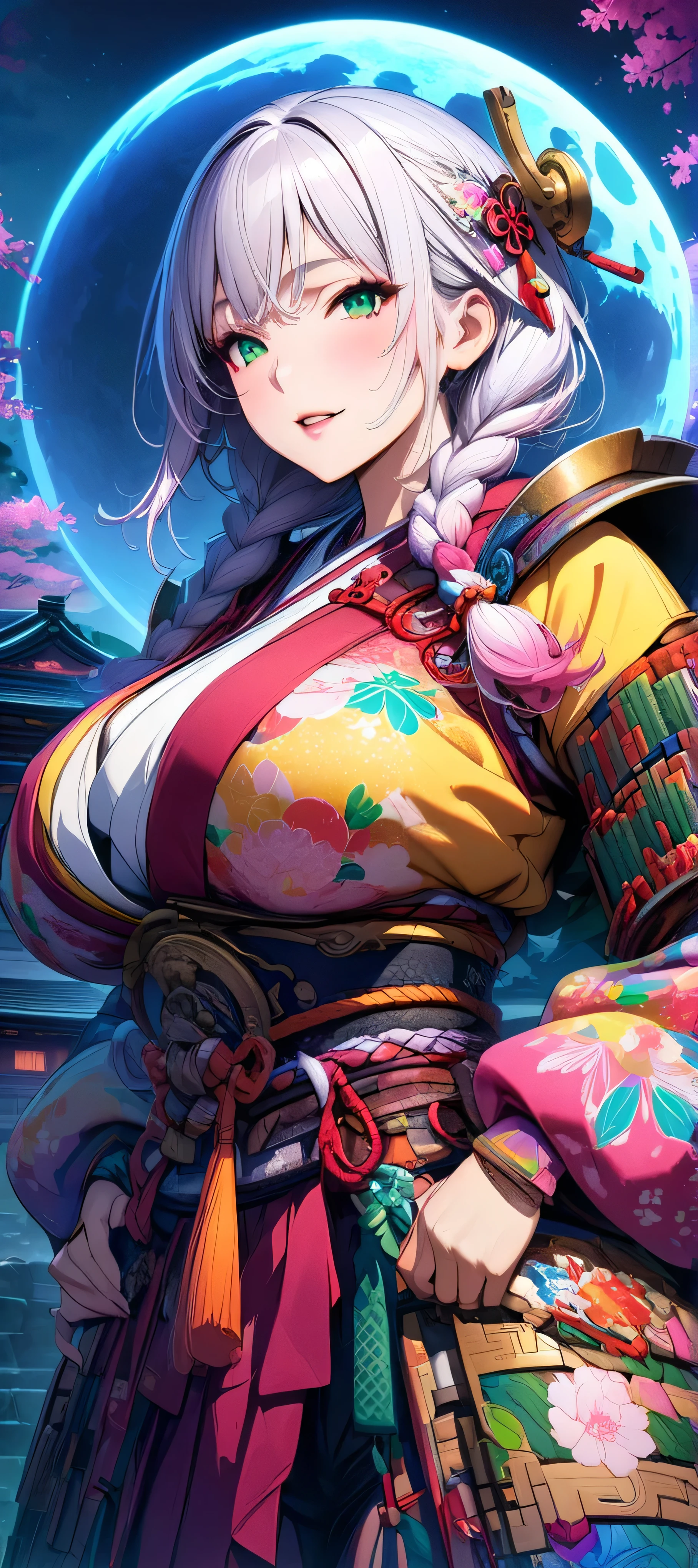 (masutepiece, of the highest quality, Best Quality, Official art, Beautiful and aesthetic:1.2), Extremely detailed,(Colorful:1.1),highest details, one arafed woman with braids white hair and pink tips and green eyes, big breast, sfw, japanese armor, night, big blue moon, japanese temple