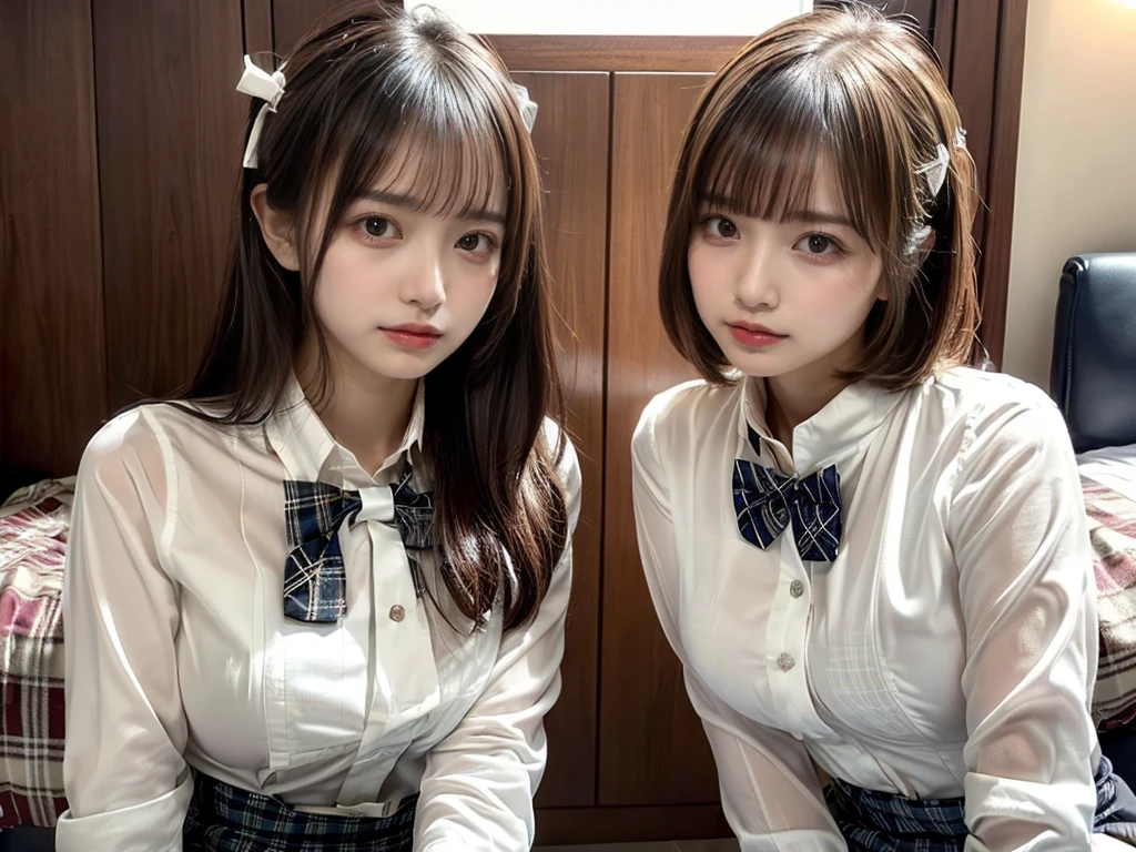 masutepiece、Ultra High Quality、Perfect Anatomy、hight resolution、2 girls in、(Face each other and press chest to chest:1.8)、Shoot from above、(((short-hair)、Beautiful black hair))、(Beautiful eyes、A detailed eye、drooing eyes、Natural eyeedium tits:1.8)、((Beautiful legs、((Closed legs))、(Hands between the legs)、(Chest between arms)))、((School uniform、(Tight white blouse shirt:1.4)、(Plaid miniskirt)、(bowtie)))、hi-school girl、The background is a luxury hotel room))