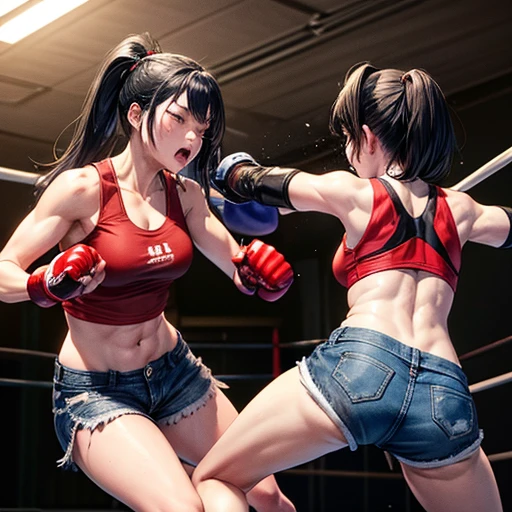 She pokes her opponent in the stomach with her fist. battle royale by kick boxing, savival, bloody Two Japanese female fighters with black hair and shorts cut fighting in a back alley, drenched in sweat. One eye closed, out of breath. Tank tops. Denim shorts. Open finger gloves.