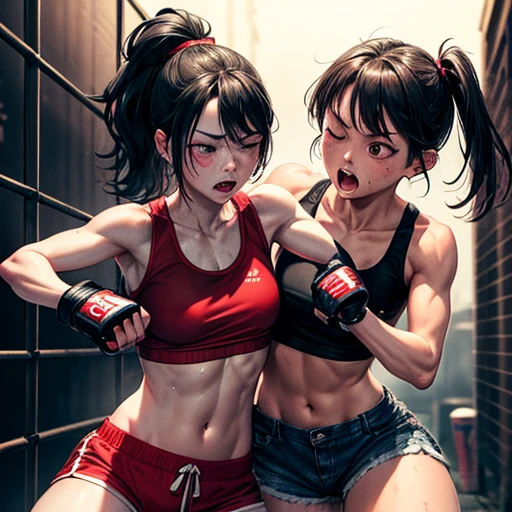 She pokes her opponent in the stomach with her fist. battle royale by kick boxing, savival, bloody Two Japanese female fighters with black hair and shorts cut fighting in a back alley, drenched in sweat. One eye closed, out of breath. Tank tops. Denim shorts. Open finger gloves.