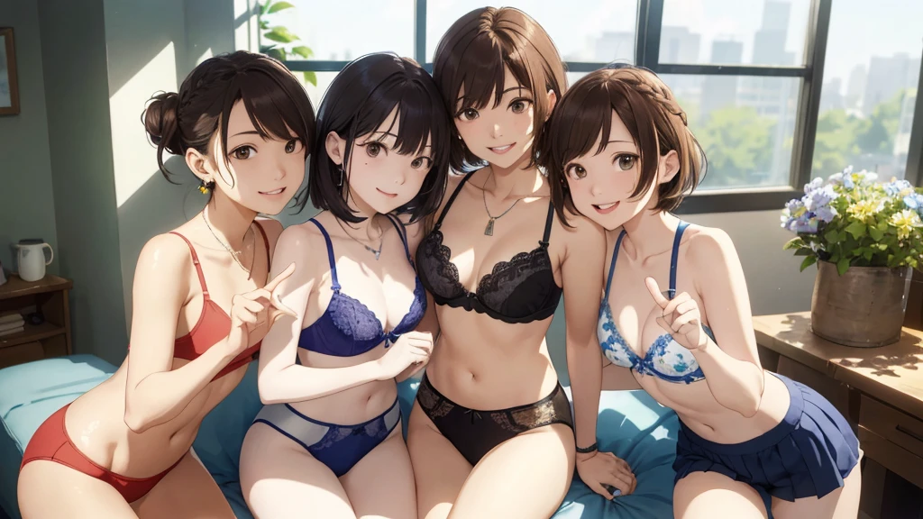 (1) Three women are sitting on a sofa in the living room.
(2) The first woman has medium brown hair, white bra and panties.
(3) The second woman has short black hair., light blue bra and panties.
(4) The third woman has long black hair.、wearing red bra and panties。.
(5) All three women look attractive.
(6) The location is the sofa in the living room of the apartment..