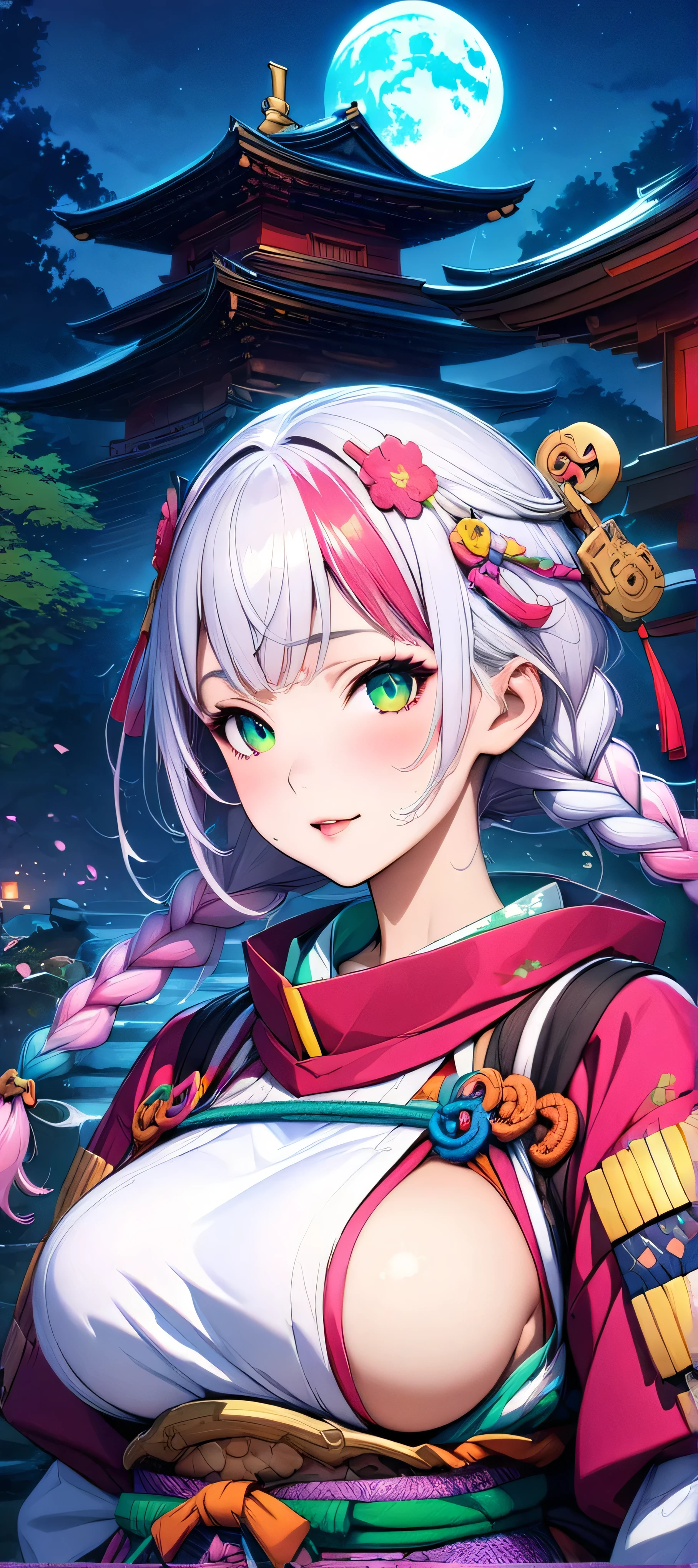(masutepiece, of the highest quality, Best Quality, Official art, Beautiful and aesthetic:1.2), Extremely detailed,(Colorful:1.1),highest details, one arafed woman with braids white hair and pink tips and green eyes, big breast, sfw, japanese armor, night, big blue moon, japanese temple