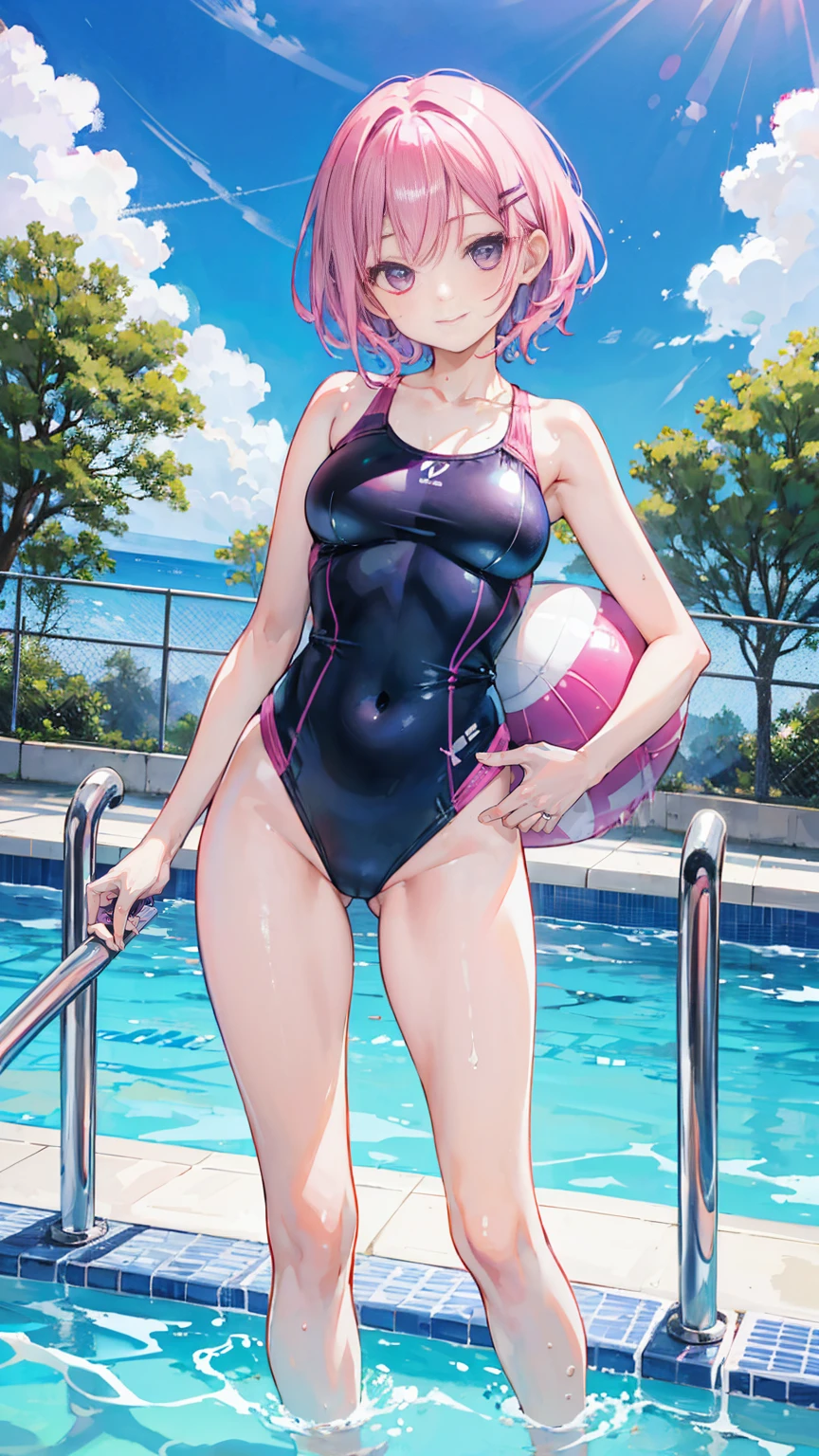 Pink Hair,Purple Eyes,short hair,Little sister head,Black hairpin,girl,Lovely,Smiling expression,Happy and happy expression,Navy blue swimsuit,whole body,Standing in the pool,Don't show your arms,The background is a swimming pool,Blue sky and white clouds