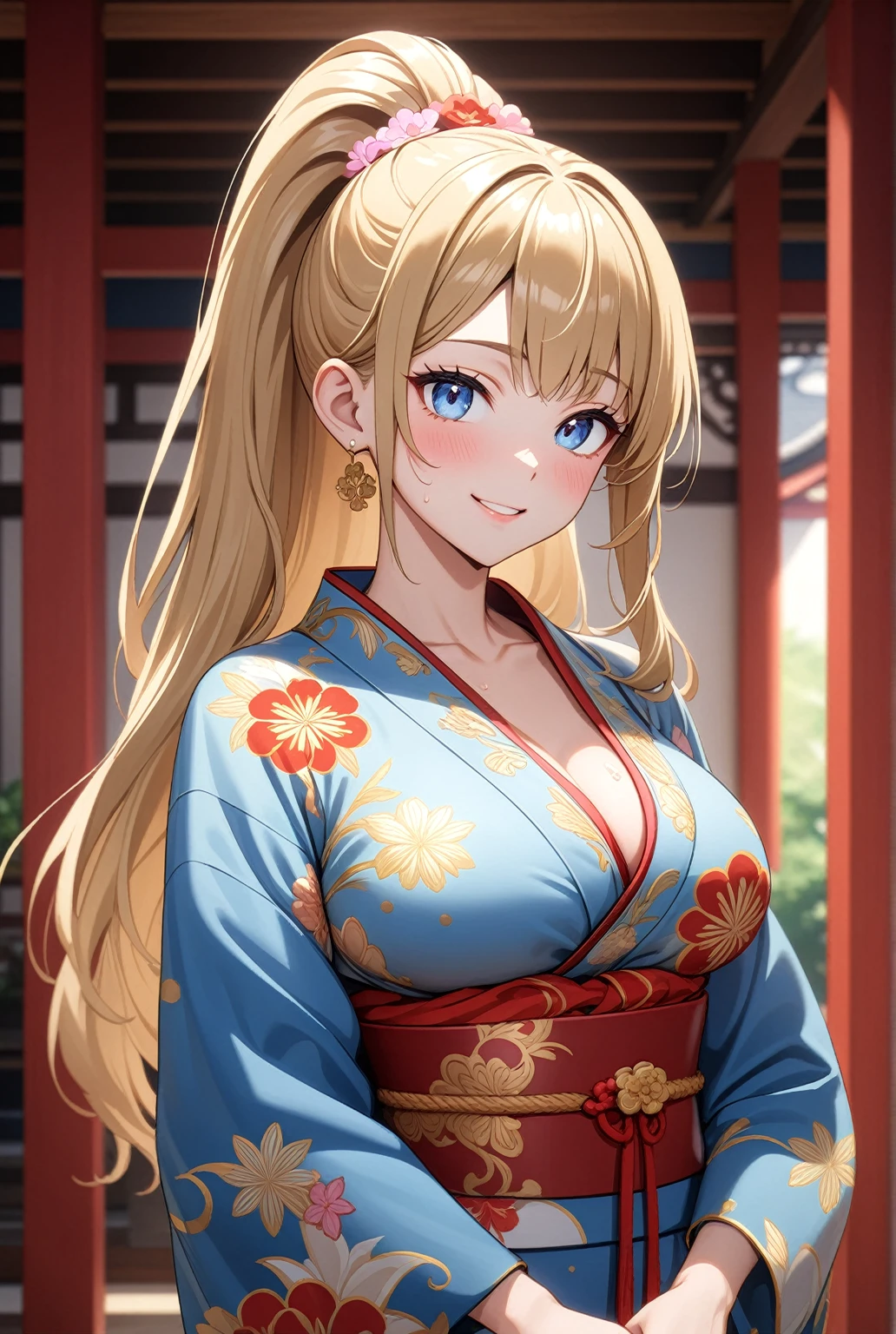 ((One woman)), Beautiful Face,Smiling embarrassedly,Blushing,Glossy Lips,Abstract, Japanese-style room in a temple, ((Anime style background)),masterpiece, highest quality, so beautiful, Absurd, up to date, Complex details, Pink long nails,AI-generated, Complex,High resolution, highest quality, super high quality,3D Images、View the viewers、3D Images,one person,Long Blonde Hair,(Hair with dark hairline),High Ponytail,blue eyes,Anime woman posing for a photo, [[Fine grain、Colorful eyes、Shining Eyes:1.15]],(Squint your eyes:1.1),a hyperRealistic , hyperRealistic , Realistic , Blonde anime woman with long hair, Smooth anime CG art, A woman in a colorful kimono with gold embroidery, Floral Yukata,Black kimono,Flower Hair Ornaments,Earrings,(Large Breasts:1.4),Mature Body,Sweat all over,tall,Big Ass,Fine details,Six-pack,Tilt your face,(Vagina overflowing with semen),Hand touching lips