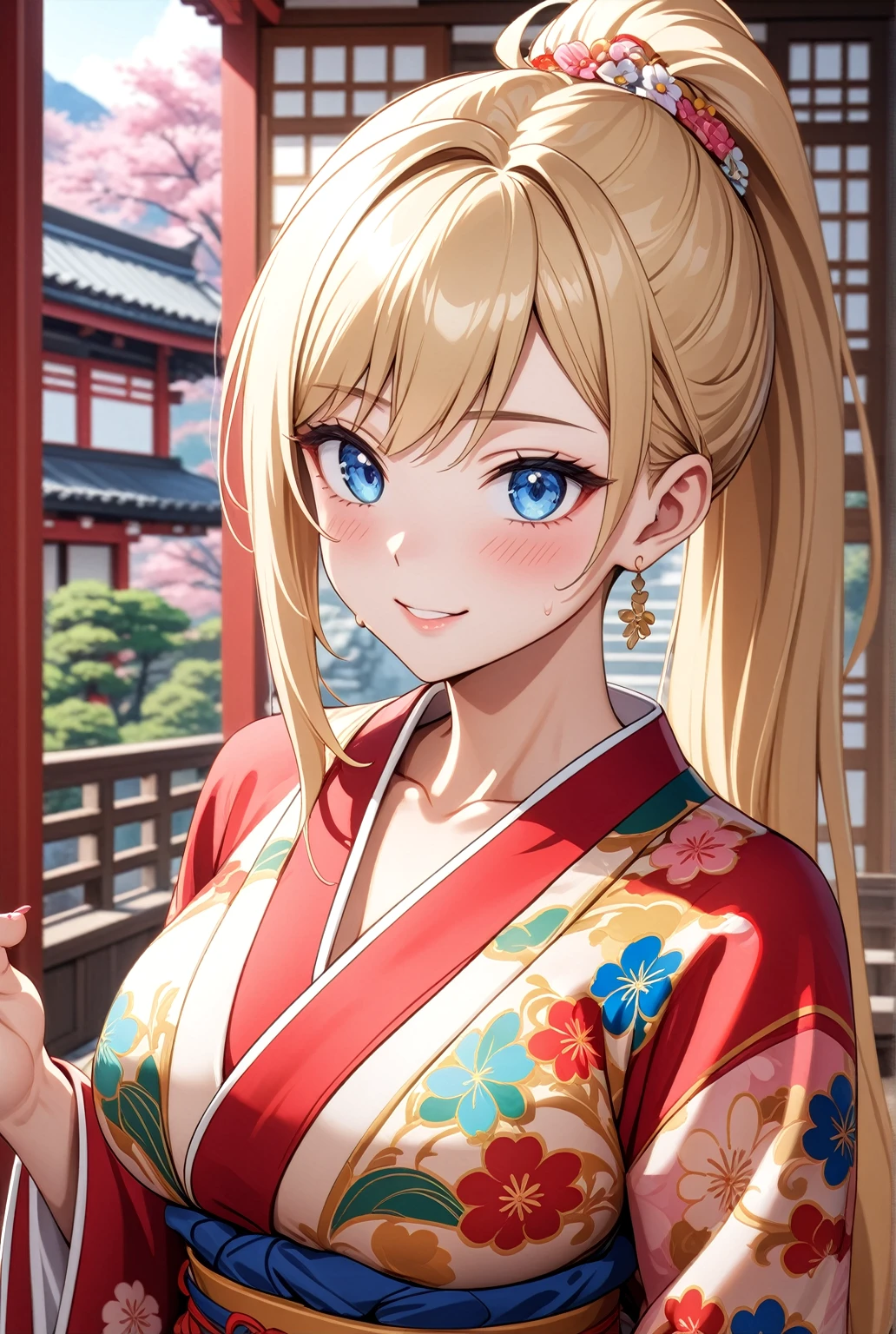 ((One woman)), Beautiful Face,Smiling embarrassedly,Blushing,Glossy Lips,Abstract, Japanese-style room in a temple, ((Anime style background)),masterpiece, highest quality, so beautiful, Absurd, up to date, Complex details, Pink long nails,AI-generated, Complex,High resolution, highest quality, super high quality,3D Images、View the viewers、3D Images,one person,Long Blonde Hair,(Hair with dark hairline),High Ponytail,blue eyes,Anime woman posing for a photo, [[Fine grain、Colorful eyes、Shining Eyes:1.15]],(Squint your eyes:1.1),a hyperRealistic , hyperRealistic , Realistic , Blonde anime woman with long hair, Smooth anime CG art, A woman in a colorful kimono with gold embroidery, Floral Yukata,Black kimono,Flower Hair Ornaments,Earrings,(Large Breasts:1.4),Mature Body,Sweat all over,tall,Big Ass,Fine details,Six-pack,Tilt your face,(Vagina overflowing with semen),Hand touching lips