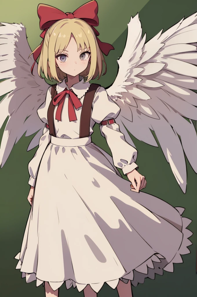 masterpiece, best quality, 1girl, solo, 10 years old, medium blonde hair, forehead visible bangs, hair flaps, ribbon on head, well-formed face, blonde eyes, angel girl, standing collar, nehru collar, white blouse, long sleeves, red ribbon, angel wings, red thick suspenders, long white skirt, long maxi-skirt, very long skirt, wide shot, full body shot, simple background