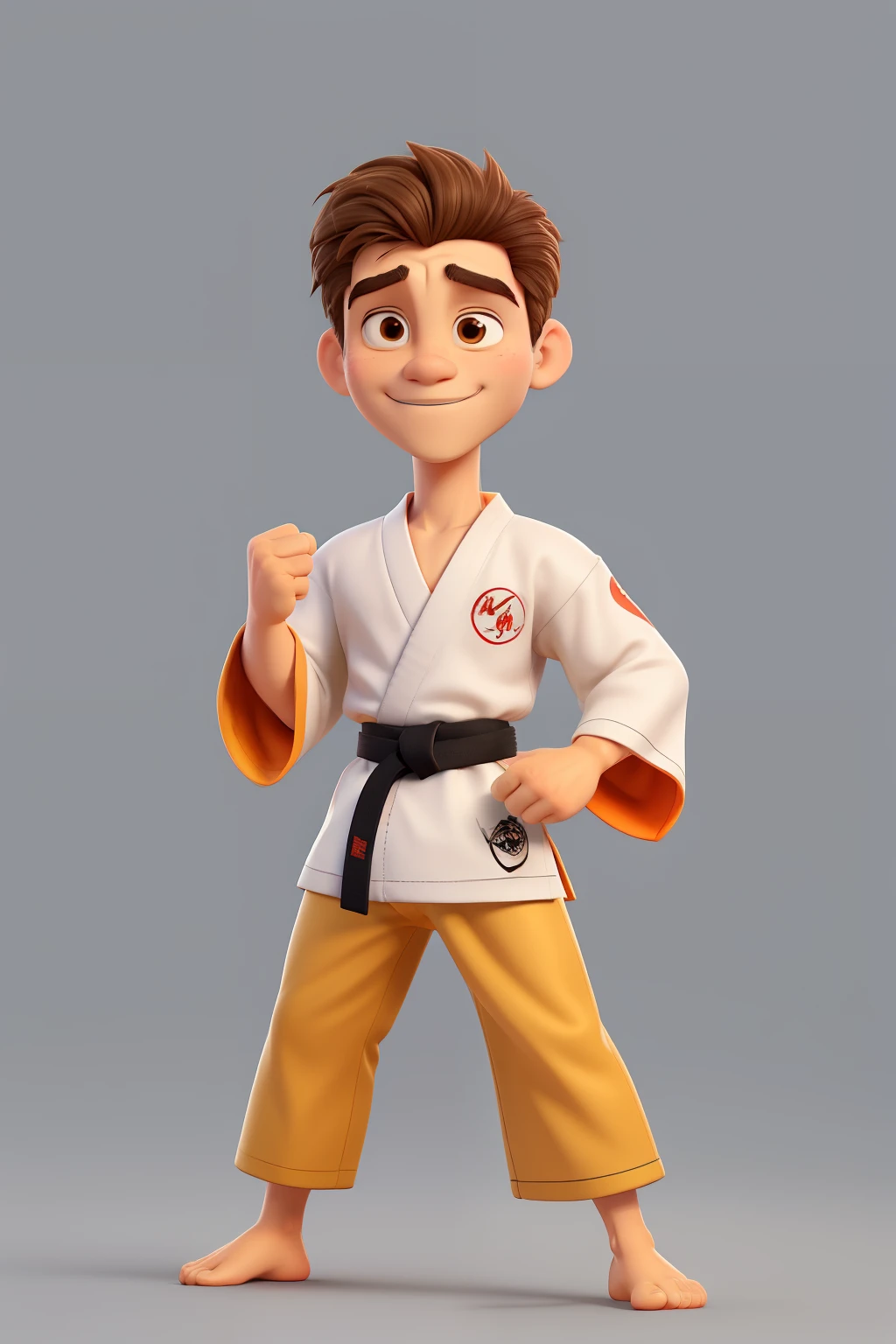 Um garoto de , sem barba, de olhos e cabelos castanho escuro, cabelos lisos, fight karate, so do it with a kimono and an orange belt. Get into a fighting position, um homem branco com nariz fino e sombrancelhas tamanho medio, on your hands make karate gloves, e que ele nao seja vesgo, cabelo arrumado e sombrancelhas mais finas, make the kimono smooth, sem logo