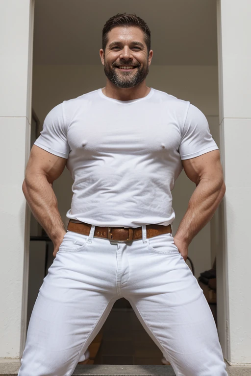 Award-winning original photoen, 30 years old man and wild muscular man, 40 years old, short beards, burly, hunk, wearing shirts, smilling happil, detailed, lovely, (((full body))), white jeans