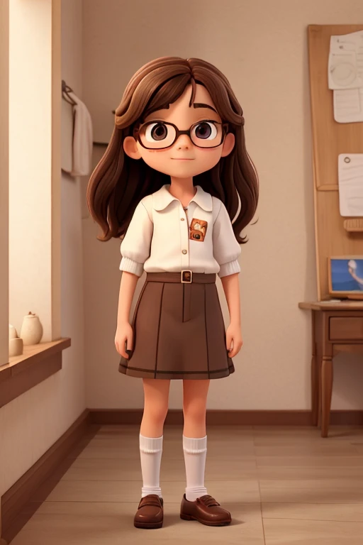 A 10 year old girl with glasses, with long dark brown hair, tiene ojos marrones, viste una camisa blanca y falda negra, zapatos blancos.