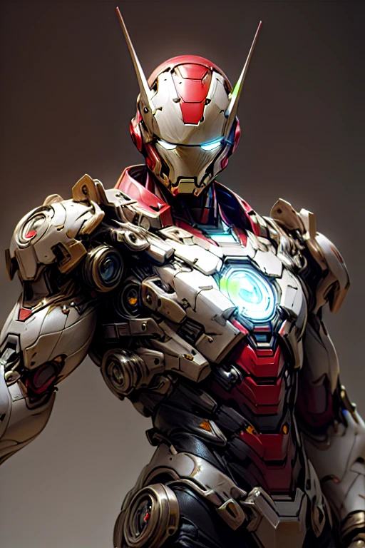 a highly detailed white iron man, beautiful detailed eyes glowing bright blue, intricate metal shell with complex textures and decorations, cinematic dramatic lighting, hyper realistic, 8k, photorealistic, masterpiece, concept art