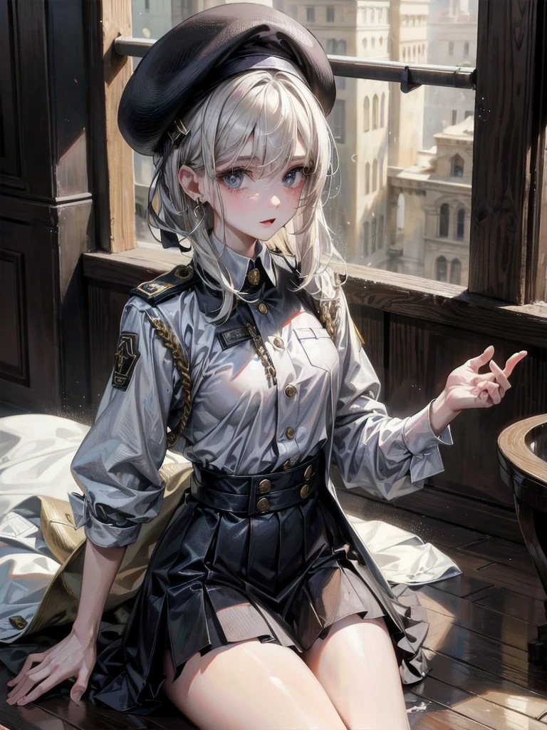 whole body, beret, skirt, military uniform, absurdres, RAW photo, extremely delicate and beautiful, masterpiece, Best Quality, ultra high resolution, 32k, hyperrealistic, ultra-detailed, perfect figure, perfect shape, detailed description, pale skin, 20 years old, detailed beautiful face and eyes, tearful mole, earring, short medium hair, wavy hair,