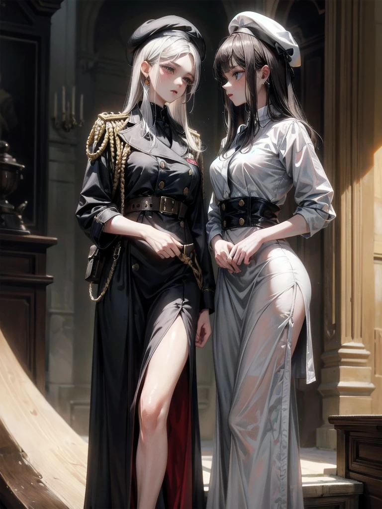 whole body, beret, skirt, military uniform, absurdres, RAW photo, extremely delicate and beautiful, masterpiece, Best Quality, ultra high resolution, 32k, hyperrealistic, ultra-detailed, perfect figure, perfect shape, detailed description, pale skin, 20 years old, detailed beautiful face and eyes, tearful mole, earring, short medium hair, wavy hair,