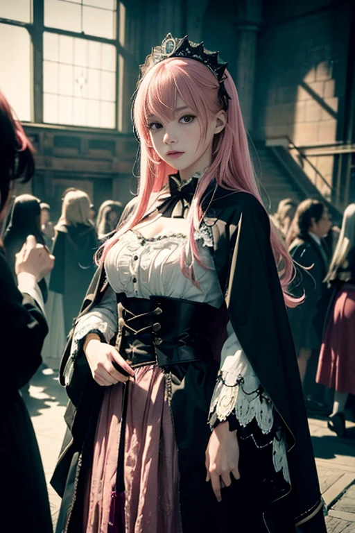 (Raw photo, Best Quality), (Realistic, Photorealsitic:1.3),Best Quality,Highly detailed,masutepiece,Ultra-detailed,Illustration  ,Victory
,1 pink-haired idol girl, wear a gothic lolita fashion, 
Wear a cloak,  Japanese girl, Standing on a hill, Dynamic Angle,world masterpiece theater,Messy_long_hair,Best Quality,the Extremely Detailed CG Unity 8K Wallpapers,inky,amazing,Cinematic lighting,lens_f lare, revolution_Style, 