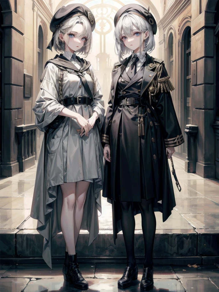 whole body, beret, skirt, military uniform, absurdres, RAW photo, extremely delicate and beautiful, masterpiece, Best Quality, ultra high resolution, 32k, hyperrealistic, ultra-detailed, perfect figure, perfect shape, detailed description, pale skin, 20 years old, detailed beautiful face and eyes, tearful mole, earring, short medium hair, wavy hair,