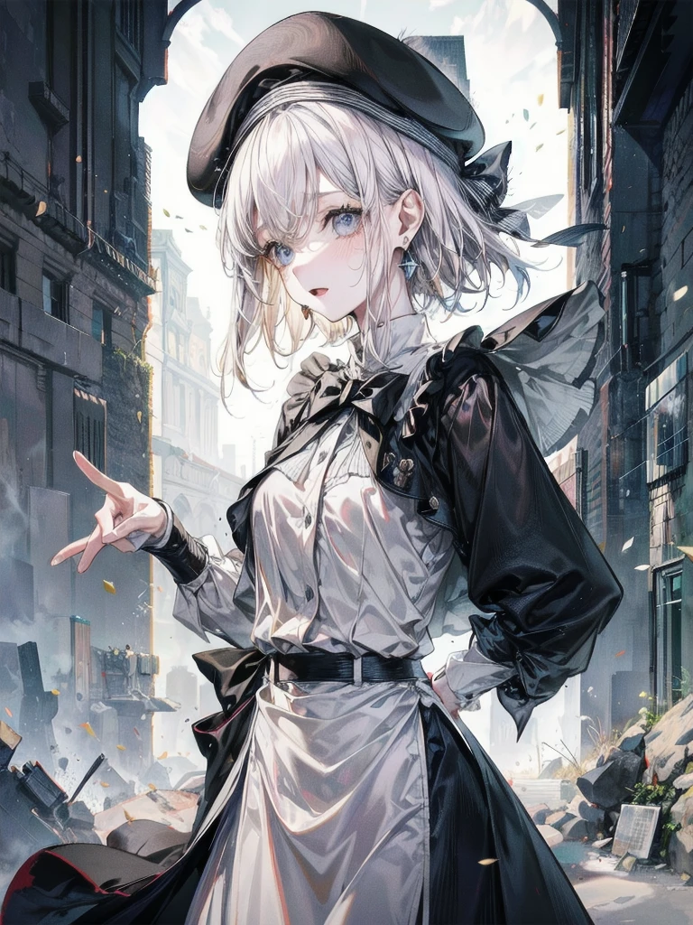 whole body, beret, skirt, military uniform, absurdres, RAW photo, extremely delicate and beautiful, masterpiece, Best Quality, ultra high resolution, 32k, hyperrealistic, ultra-detailed, perfect figure, perfect shape, detailed description, pale skin, 20 years old, detailed beautiful face and eyes, tearful mole, earring, short medium hair, wavy hair,