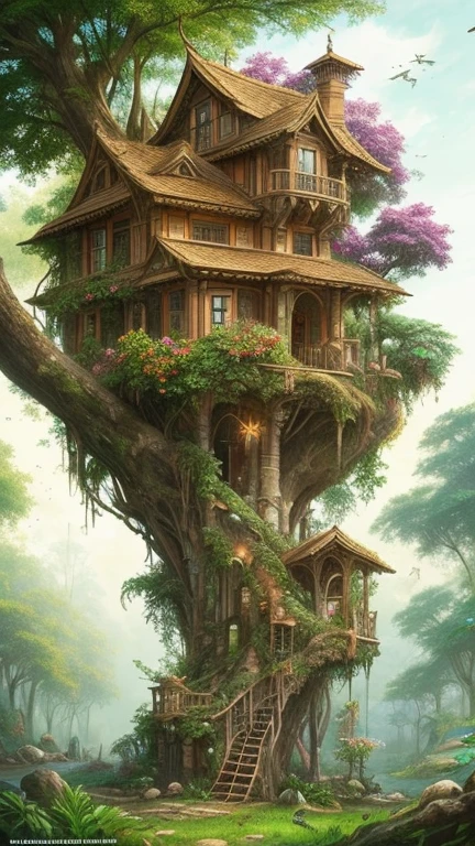 ancient marble tree house in fairy forest, random beautiful jungle, knotted roots, vibrant colors, gnarled trees, fractal lush vegetation, natural sunlight, intricate details, realistic digital art, many mess tiny colorful flowers, (oversaturate:1.2), by Jean-Baptiste Monge, Gilles Beloeil, Tyler Edlin, Marek Okon, Pixar, album art, comic style, golden ratio, perfect composition, a masterpiece, trending on artstation