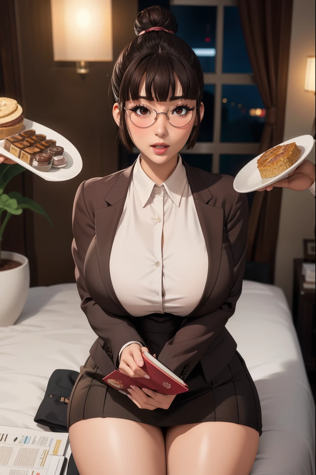 (highres, high quality:1.3), intricate details, cinematic lighting, sharp focus, depth of field,
KuroseKatsuko, 1girl, solo, full body, complate body mature female, looking at viewer, standing, white background, siple background,
serious, embarrassed, blush, holding book, open mouth,
[brown|black] hair, short hair, blunt bang, hair bun, ribbon, makeup, lipstick, eyelashes, brown eyes, detailed eyes, glasses, perfect face, cute nose, beautiful face, perfect face, illuminated face, thick lips, blushes, symmetrical face, beautiful detailed face, human ears, seductive, pleasure expression, orgasm expression,
suit, jacket, skirt, black pantyhose, tight clothes,
huge breasts, curvy, thighs, wide hips, large hips, thick thights, huge thights, hourglass figure, big breasts, huge breasts, large breasts, big butt, huge butt, very slim stomach, thin belly,