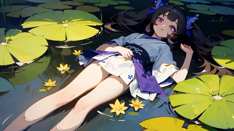 ((highest quality)), ((masterpiece)), (detailed),16k, Perfect Face, beautifully, Cute girl, y(Lie down),(Prone),非常にdetailedな, Digital Art, colorful, 最もdetailedな, Bright colors, Dynamic Angle,(front)From above,landscape, scenery, flower, Shallow pond,(Clean pond),dim , (Floating in a pond), (Difficult 2.0), (1 Girl 1.7), lipstick, eyelash,Brown twin tails、(Thin Hair)、(Blue ribbon),(Purple Eyes),Shrine maiden,Long length,非常にdetailedな顔, 非常にdetailedな顔, (Perfect Legs, Perfect hands, Perfect Anatomy),Perfect Shadow,