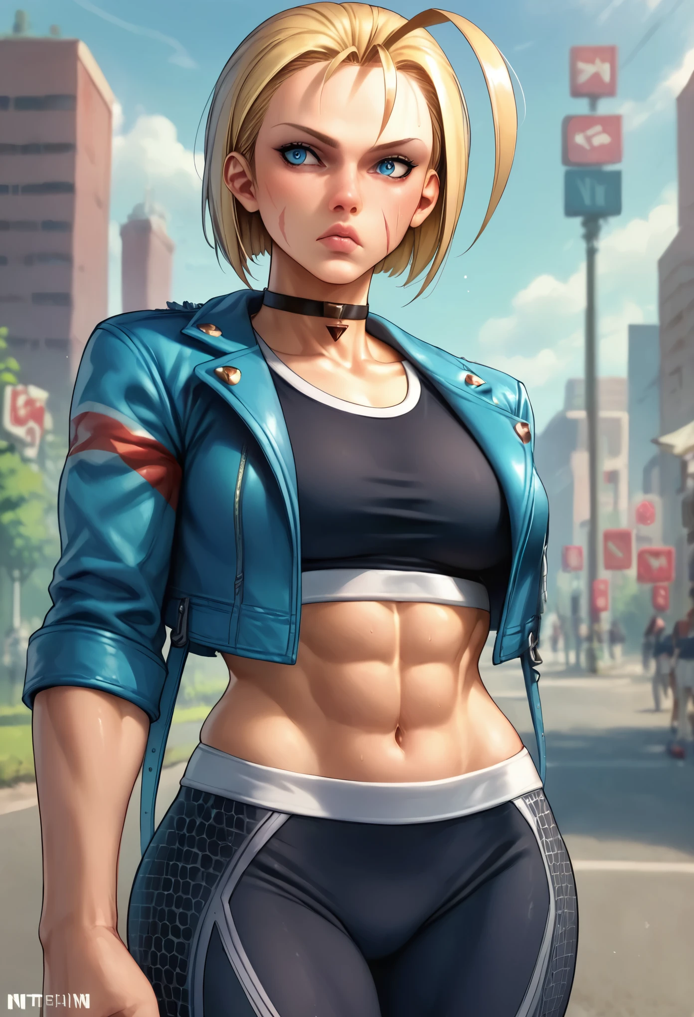 score_9, score_8_up, score_7_up, BREAK, score_9, cammySDXL, 1girl, solo, breasts, short hair, blue eyes, blonde hair, navel, medium breasts, jacket, open clothes, choker, midriff, pants, open jacket, lips, crop top, black choker, scar, abs, antenna hair, blue jacket, scar on face, forehead, cropped jacket, toned, sports bra, nose, tight, tight pants, yoga pants, black sports bra, denim jacket, cowboy shot,outdoors