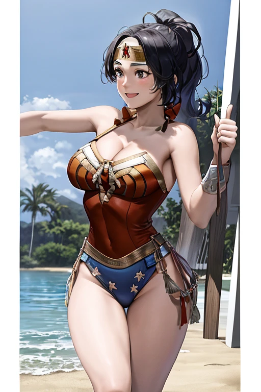 masterpiece, best quality, beautiful art, high resolution, well formed hands, body and fingers, 1 woman, solo, Xiangling, wearing a wonder woman outfit, adult, big breasted, cleavage, full body, sexy and skimpy outfit , gorgeous legs and thighs , she is fighting in a combat match, showing her fighting skills, making her guard, about to hit the viewer, looking at the viewer, sweating, bouncing breasts, smiling joyfully and brightly, being confident and proud, action and fighting scene, martial arts tournament with beach environment