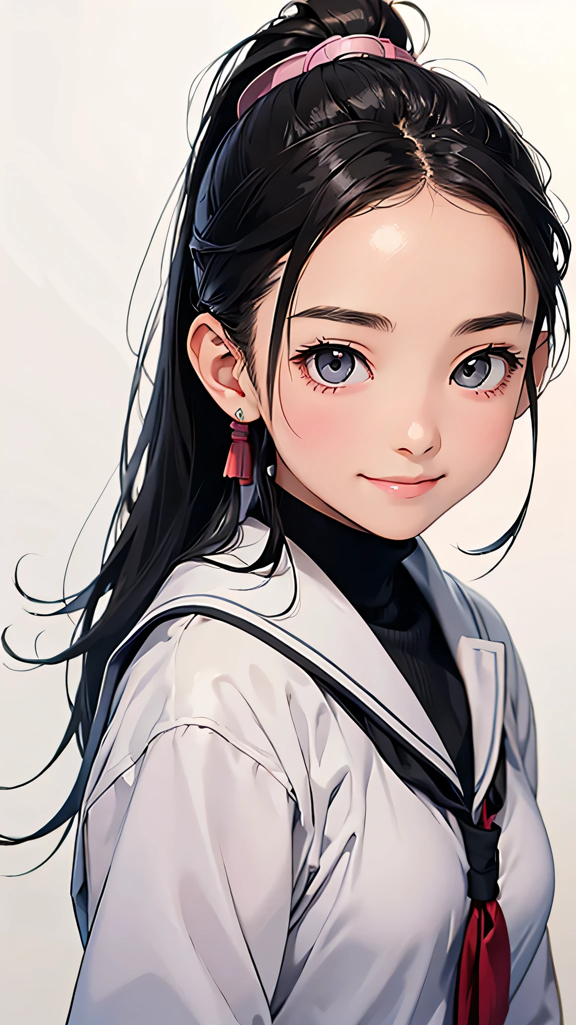 highest quality、Realistic、Japanese、girl、zoom、cute、Grey Eyes、Black Hair、the forehead is protruding、ponytail、school uniform、Looking down、smile、Bust Shot、thin、Small breasts